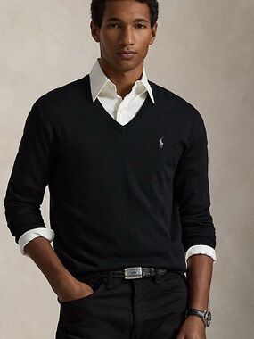 Polo Ralph Lauren Slim Fit Cotton V-Neck Jumper Sweater Black Size Large